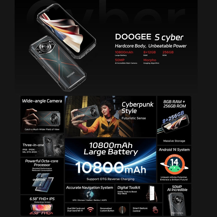 [HK Warehouse] DOOGEE S Cyber, 8GB+256GB, 6.58 inch Android 14 Spreadtrum T606 Octa Core, Network: 4G, OTG, NFC (Black Red) - DOOGEE by DOOGEE | Online Shopping South Africa | PMC Jewellery | Buy Now Pay Later Mobicred