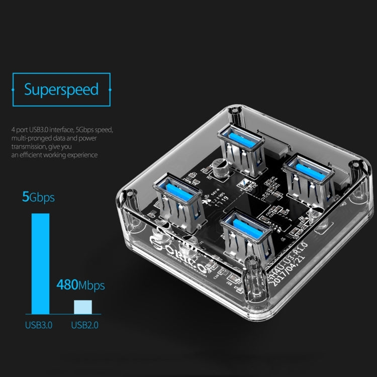 ORICO MH4U-30 USB 3.0 Transparent Desktop HUB with 30cm Micro USB Cable - USB 3.0 HUB by ORICO | Online Shopping South Africa | PMC Jewellery | Buy Now Pay Later Mobicred