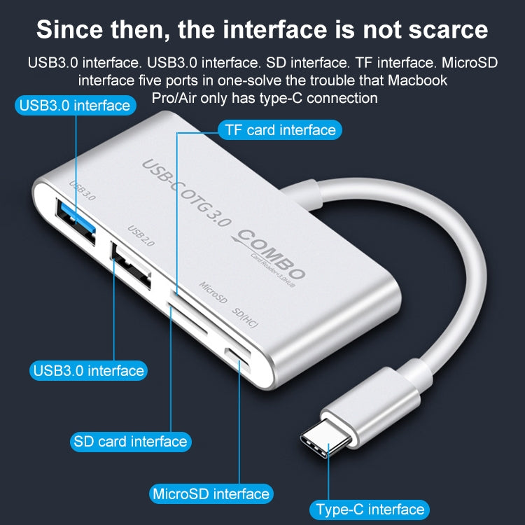 COMBO T-693 5 in 1 USB-C / Type-C to SD / TF / Micro SD Card Slot + USB 3.0 + USB 2.0Ports OTG HUB Card Reader(Silver) - USB HUB by PMC Jewellery | Online Shopping South Africa | PMC Jewellery | Buy Now Pay Later Mobicred