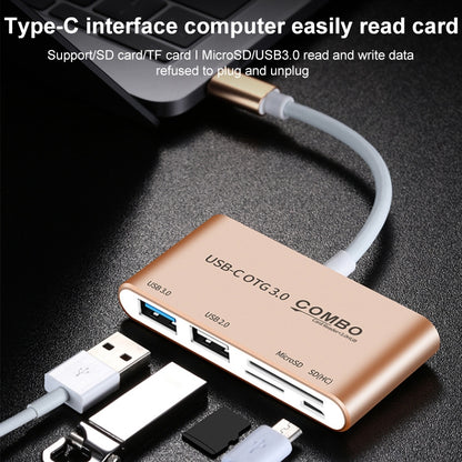 COMBO T-693 5 in 1 USB-C / Type-C to SD / TF / Micro SD Card Slot + USB 3.0 + USB 2.0Ports OTG HUB Card Reader(Gold) - USB HUB by PMC Jewellery | Online Shopping South Africa | PMC Jewellery | Buy Now Pay Later Mobicred