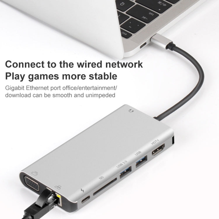 Onten 9591BD 8 in 1 USB-C / Type-C to PD USB-C / Type-C Charging + Gigabit Ethernet + Dual USB 3.0 + HDMI + VGA + SD Card Slot + 3.5mm AUX HUB(Silver) - USB HUB by Onten | Online Shopping South Africa | PMC Jewellery | Buy Now Pay Later Mobicred