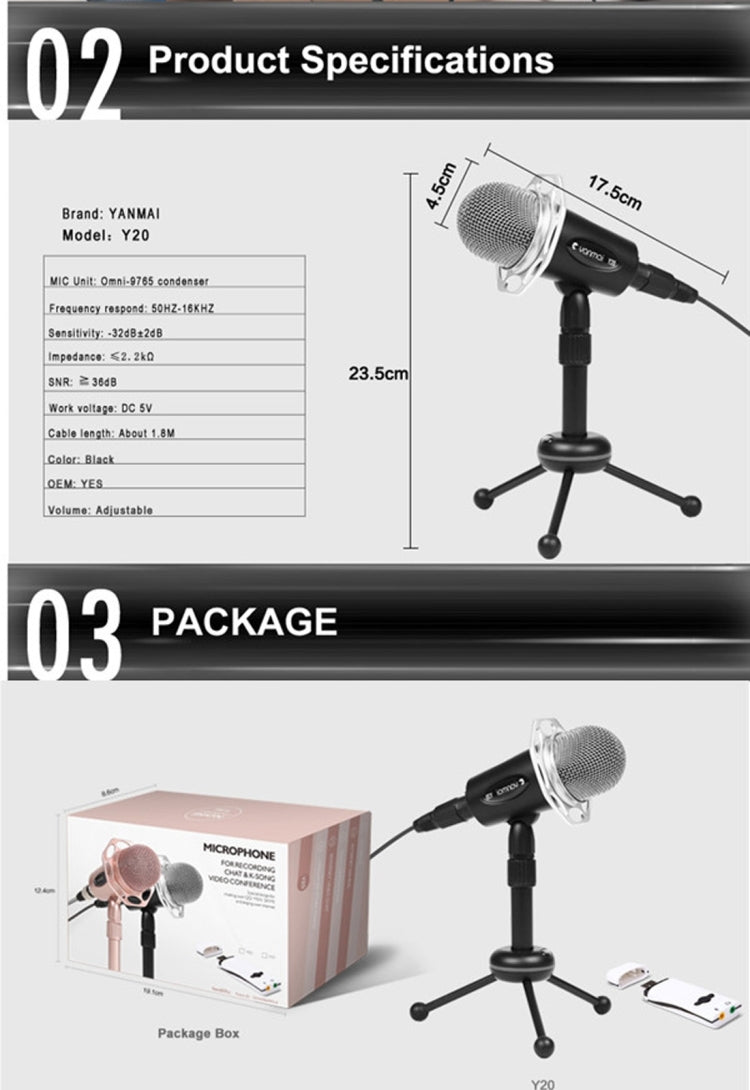 Yanmai Y20 Professional Game Condenser Microphone  with Tripod Holder, Cable Length: 1.8m, Compatible with PC and Mac for  Live Broadcast Show, KTV, etc.(Black) - Microphone by Yanmai | Online Shopping South Africa | PMC TechLife | Buy Now Pay Later Mobicred