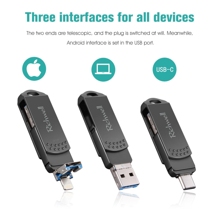 Richwell 128G Type-C + 8 Pin + USB 3.0 Metal Flash Disk with OTG Function(Silver) - free shipping - PMC Jewellery - Order now!