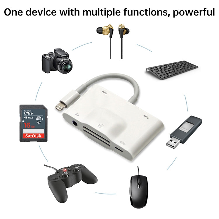 NK-1042 6 in 1 8 Pin Male to Dual USB + Dual SD Card + 3.5mm Audio Interface + 8 Pin Charging Interface Female Port Camera Adapter - Converter & Adapter by PMC Jewellery | Online Shopping South Africa | PMC Jewellery | Buy Now Pay Later Mobicred