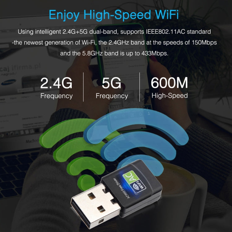 AC600Mbps 2.4GHz & 5GHz Dual Band USB 2.0 WiFi Free Drive Adapter External Network Card - USB Network Adapter by PMC Jewellery | Online Shopping South Africa | PMC Jewellery | Buy Now Pay Later Mobicred