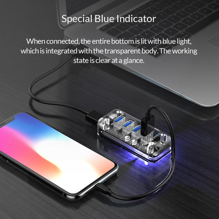 ORICO F4U 4 x USB 3.0 Ports 5Gbps Fast Transmission Desktop HUB with Blue LED Indicator Light(Transparent) - USB 3.0 HUB by ORICO | Online Shopping South Africa | PMC Jewellery | Buy Now Pay Later Mobicred