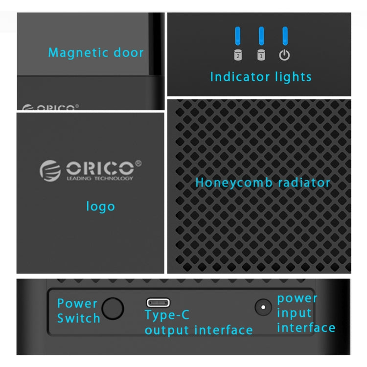 ORICO DS200C3 3.5 inch 2 Bay Magnetic-type USB-C / Type-C Hard Drive Enclosure with Blue LED Indicator(Black) - HDD Enclosure by ORICO | Online Shopping South Africa | PMC Jewellery | Buy Now Pay Later Mobicred