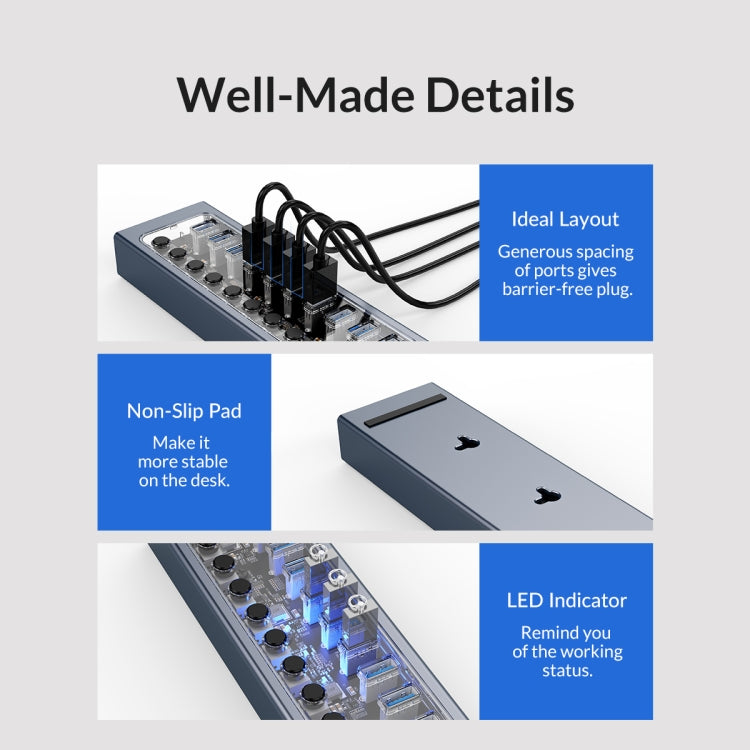 ORICO AT2U3-10AB-GY-BP 10 Ports USB 3.0 HUB with Individual Switches & Blue LED Indicator, US Plug - USB 3.0 HUB by ORICO | Online Shopping South Africa | PMC Jewellery | Buy Now Pay Later Mobicred