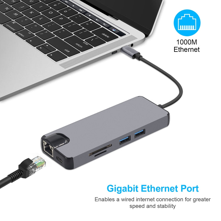 8 in 1 Type-C to HDMI + USB 3.0 + USB 3.0 + Type-C + LAN + VGA + TF/SD Card Reader Adapter(Grey) - USB HUB by PMC Jewellery | Online Shopping South Africa | PMC Jewellery | Buy Now Pay Later Mobicred