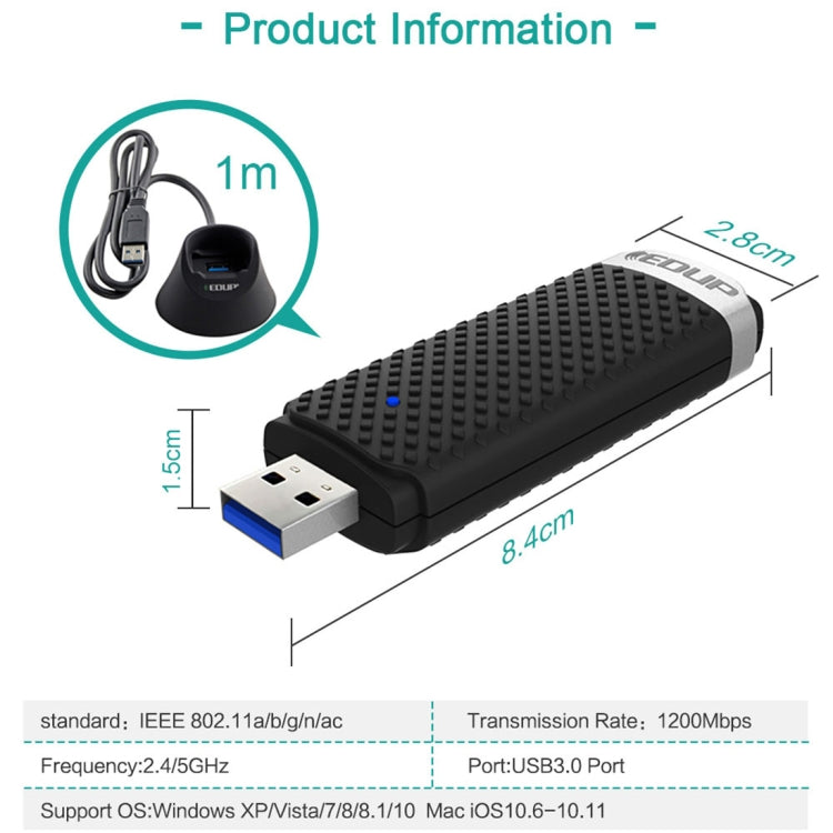 EDUP EP-AC1609 1200Mbps High Speed USB 3.0 WiFi Adapter Receiver Ethernet Adapter with 1m Extend Cable & Base - free shipping - PMC Jewellery - Order now!