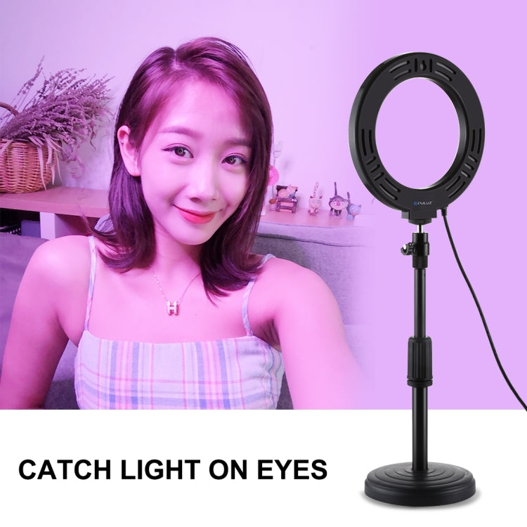 PULUZ 6.2 inch 16cm USB 10 Modes 8 Colors RGBW Dimmable LED Ring Vlogging Photography Video Lights + Round Base Desktop Mount with Cold Shoe Tripod Ball Head(Black) - Ring Light by PULUZ | Online Shopping South Africa | PMC Jewellery | Buy Now Pay Later Mobicred