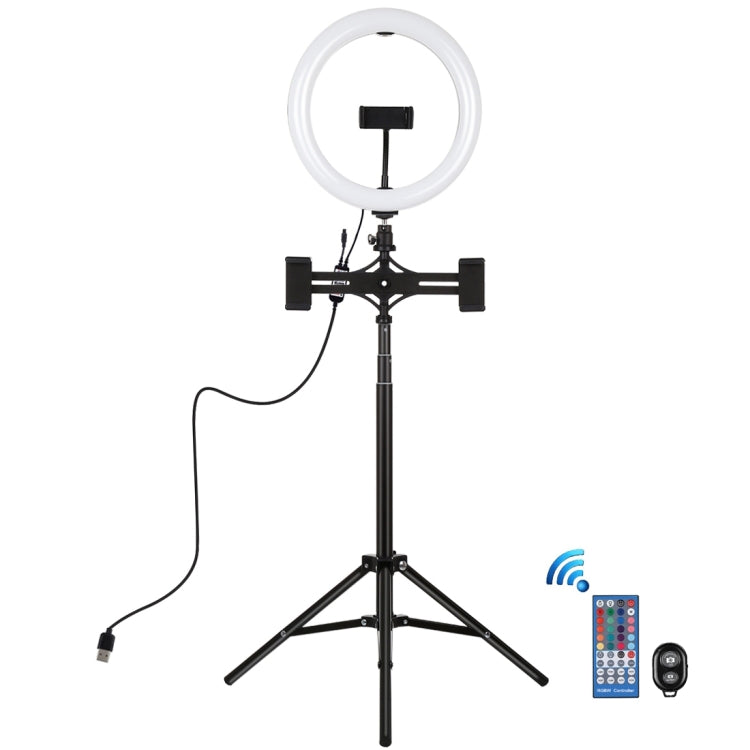 PULUZ 10.2 inch 26cm RGBW Light + 1.65m Tripod Mount + Dual Phone Bracket Curved Surface USB RGBW Dimmable LED Ring Selfie Beauty Vlogging Video Light Live Broadcast Kits with Cold Shoe Tripod Ball Head & Phone Clamp & Remote Control(Black) - Ring Light by PULUZ | Online Shopping South Africa | PMC Jewellery | Buy Now Pay Later Mobicred