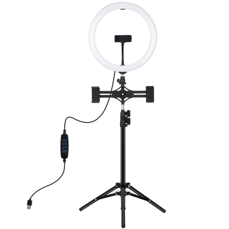 PULUZ 11.8 inch 30cm Light + 1.1m Tripod Mount + Dual Phone Brackets Curved Surface USB 3 Modes Dimmable Dual Color Temperature LED Ring Vlogging Video Light Live Broadcast Kits with Phone Clamp(Black) - Ring Light by PULUZ | Online Shopping South Africa | PMC Jewellery | Buy Now Pay Later Mobicred