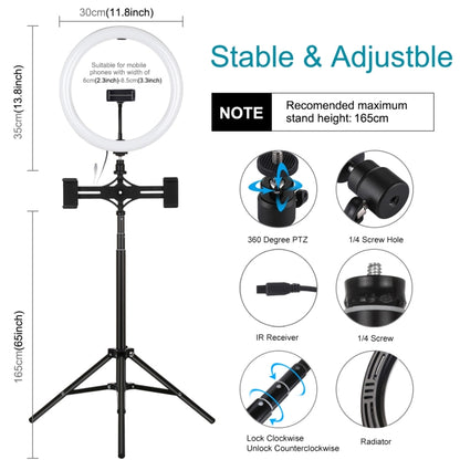 PULUZ 11.8 inch 30cm RGBW Light + 1.65m Mount + Dual Phone Brackets Curved Surface RGBW Dimmable LED Ring Selfie Vlogging Light  Live Broadcast Kits with Cold Shoe Tripod Adapter & Phone Clamp & Remote Control(Black) - Ring Light by PULUZ | Online Shopping South Africa | PMC Jewellery | Buy Now Pay Later Mobicred