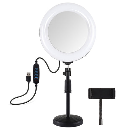 PULUZ 7.9 inch 20cm Mirror Light + Round Base Desktop Mount 3 Modes Dimmable Dual Color Temperature LED Curved Light Ring Vlogging Selfie Photography Video Lights with Phone Clamp(Black) - Ring Light by PULUZ | Online Shopping South Africa | PMC Jewellery | Buy Now Pay Later Mobicred