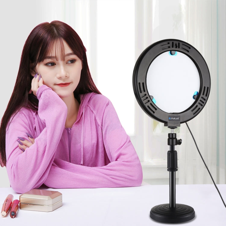 PULUZ 7.9 inch 20cm Mirror Light + Round Base Desktop Mount 3 Modes Dimmable Dual Color Temperature LED Curved Light Ring Vlogging Selfie Photography Video Lights with Phone Clamp(Black) - Ring Light by PULUZ | Online Shopping South Africa | PMC Jewellery | Buy Now Pay Later Mobicred