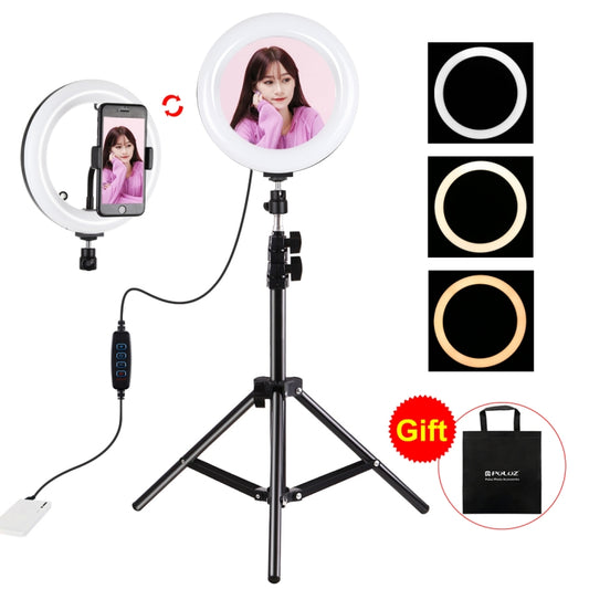 PULUZ 7.9 inch 20cm Mirror Light+ 1.1m Tripod Mount USB 3 Modes Dimmable Dual Color Temperature LED Curved Light Ring Vlogging Selfie Photography Video Lights with Mirror & Phone Clamp(Black) - Ring Light by PULUZ | Online Shopping South Africa | PMC Jewellery | Buy Now Pay Later Mobicred