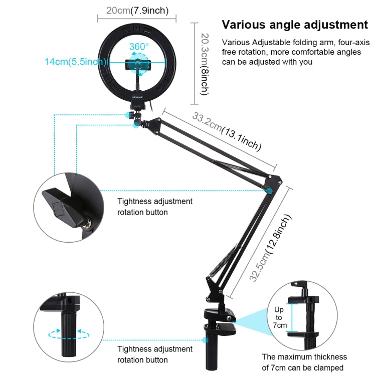 PULUZ 7.9 inch 20cm Ring Curved Light + Desktop Arm Stand USB 3 Modes Dimmable Dual Color Temperature LED Vlogging Selfie Photography Video Lights with Phone Clamp(Black) - Ring Light by PULUZ | Online Shopping South Africa | PMC Jewellery | Buy Now Pay Later Mobicred