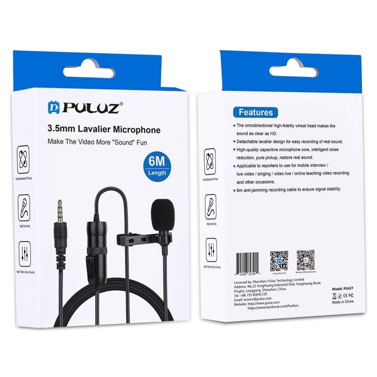 PULUZ 3.5mm Jack Lavalier Omnidirectional Condenser Recording Video Microphone, Length: 6m - Microphone by PULUZ | Online Shopping South Africa | PMC Jewellery | Buy Now Pay Later Mobicred