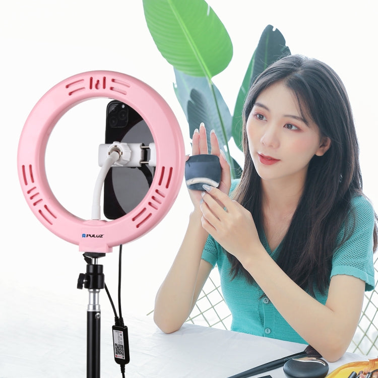 PULUZ 7.9 inch 20cm USB RGB Dimmable LED Dual Color Temperature LED Curved Light Ring Vlogging Selfie Photography Video Lights with Phone Clamp(Pink) - Ring Light by PULUZ | Online Shopping South Africa | PMC Jewellery | Buy Now Pay Later Mobicred