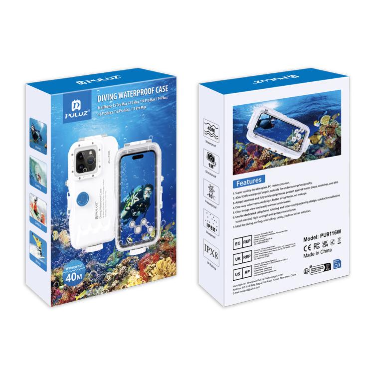 PULUZ 40m/130ft Waterproof Diving Case for iPhone 15 Pro Max / 15 Plus / 14 Plus / 14 Pro Max / 13 Pro Max / 12 Pro Max / 11 Pro Max, with One-way Valve Photo Video Taking Underwater Housing Cover(White) - free shipping - PMC TechLife - Order now!
