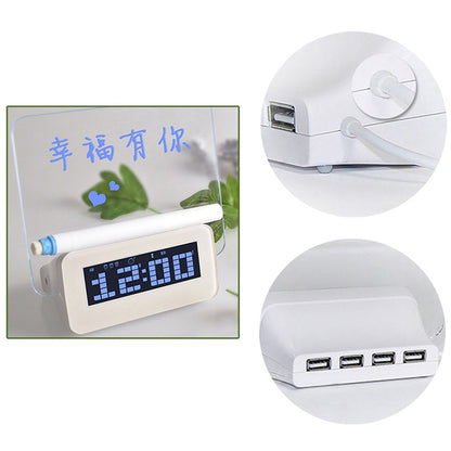 Multifunction LCD Digital Alarm Clock Thermometer + 4-Port USB HUB + Message Board with Blue or Green LCD backlight(White) - Message Boards by PMC Jewellery | Online Shopping South Africa | PMC Jewellery | Buy Now Pay Later Mobicred