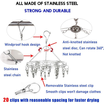 Round Stainless Steel Clothes Clip Hanger with 20 Clips - Shelf & Hooks by PMC Jewellery | Online Shopping South Africa | PMC Jewellery | Buy Now Pay Later Mobicred