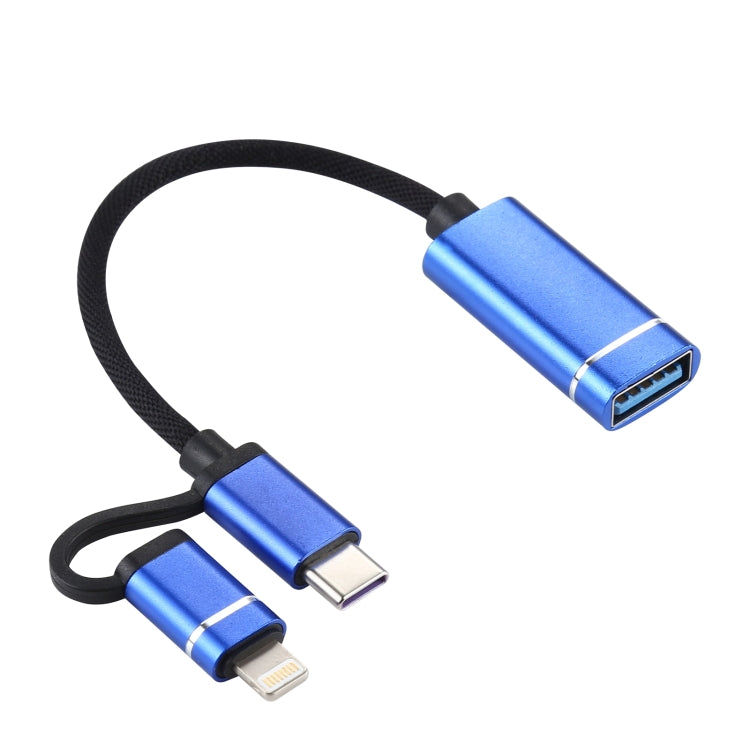 USB 3.0 Female to 8 Pin + USB-C / Type-C Male Charging + Transmission OTG Nylon Braided Adapter Cable, Cable Length: 11cm(Blue) - Converter & Adapter by PMC Jewellery | Online Shopping South Africa | PMC Jewellery | Buy Now Pay Later Mobicred