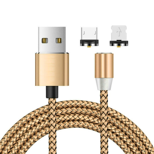 2 in 1 USB to 8 Pin + Micro USB Magnetic Metal Interface Nylon Braided Charging Cable, Length: 1m(Gold) - Charging Cable & Head by PMC Jewellery | Online Shopping South Africa | PMC Jewellery | Buy Now Pay Later Mobicred