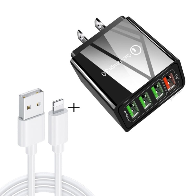 2 in 1 1m USB to 8 Pin Data Cable + 30W QC 3.0 4 USB Interfaces Mobile Phone Tablet PC Universal Quick Charger Travel Charger Set, US Plug(Black) - USB Charger by PMC Jewellery | Online Shopping South Africa | PMC Jewellery | Buy Now Pay Later Mobicred