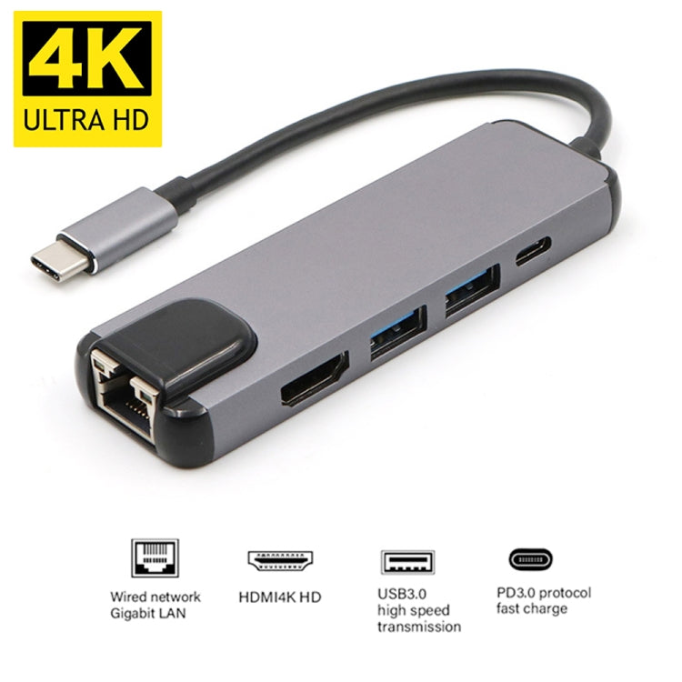 USB-C/Type-C to HD 4K HDMI + RJ45 + USB 3.0 + USB 2.0 + PD 5 in 1 HUB Converter - USB HUB by PMC Jewellery | Online Shopping South Africa | PMC Jewellery | Buy Now Pay Later Mobicred