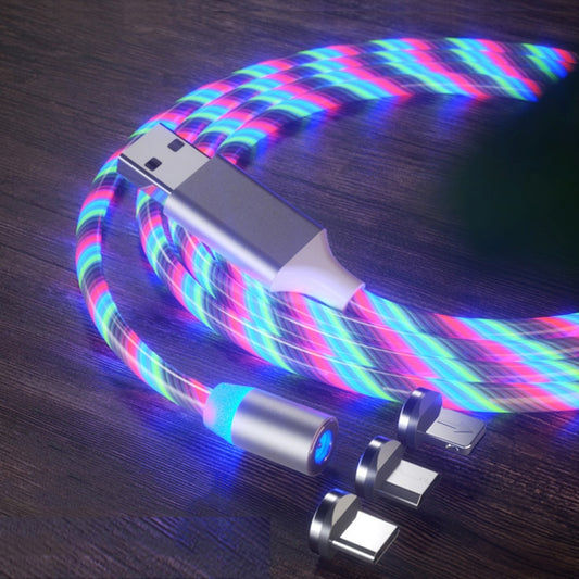 3 in 1 USB to 8 Pin + Type-C / USB-C + Micro USB Magnetic Absorption Colorful Streamer Charging Cable, Length: 1m(Color Light) - Multifunction Cable by PMC Jewellery | Online Shopping South Africa | PMC Jewellery | Buy Now Pay Later Mobicred