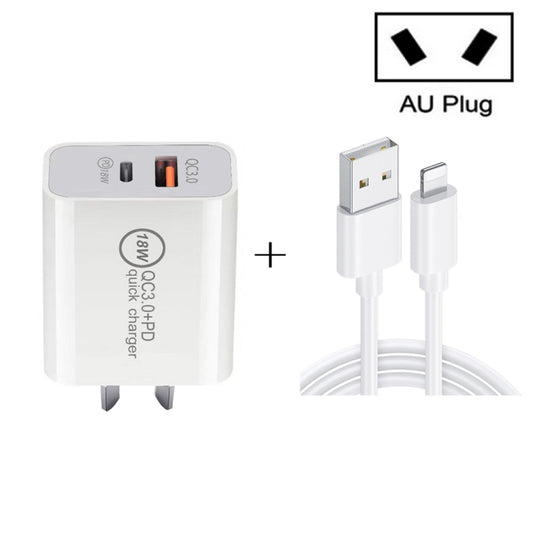 SDC-18W 18W PD 3.0 Type-C / USB-C + QC 3.0 USB Dual Fast Charging Universal Travel Charger with USB to 8 Pin Fast Charging Data Cable, AU Plug - Multifunction Charger by PMC Jewellery | Online Shopping South Africa | PMC Jewellery | Buy Now Pay Later Mobicred