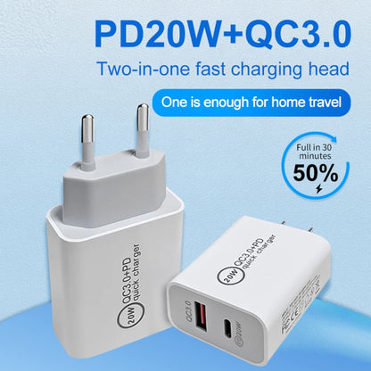 20W PD Type-C + QC 3.0 USB Interface Fast Charging Travel Charger with USB to 8 Pin Fast Charge Data Cable US Plug - USB Charger by PMC Jewellery | Online Shopping South Africa | PMC Jewellery | Buy Now Pay Later Mobicred