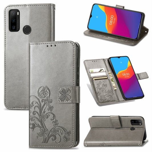 For Ulefone Note 10 Four-leaf Clasp Embossed Buckle Mobile Phone Protection Leather Case with Lanyard & Card Slot & Wallet & Bracket Function(Gray) - Ulefone Cases by PMC Jewellery | Online Shopping South Africa | PMC Jewellery | Buy Now Pay Later Mobicred