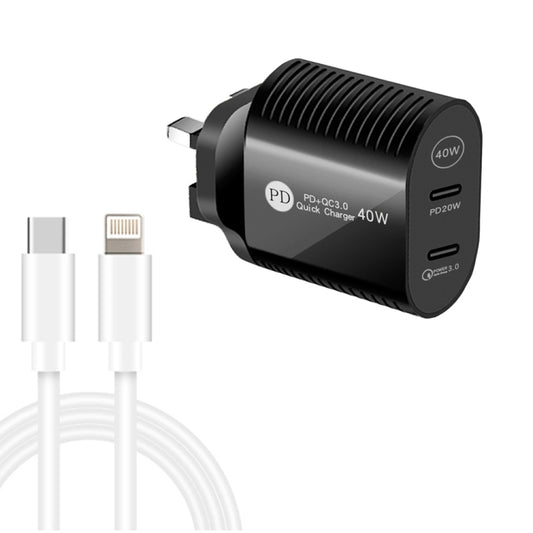 40W Dual Port PD / Type-C Fast Charger with Type-C to 8 Pin Data Cable, UK Plug(Black) - USB Charger by PMC Jewellery | Online Shopping South Africa | PMC Jewellery | Buy Now Pay Later Mobicred