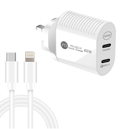 40W Dual Port PD / Type-C Fast Charger with Type-C to 8 Pin Data Cable, UK Plug(White) - USB Charger by PMC Jewellery | Online Shopping South Africa | PMC Jewellery | Buy Now Pay Later Mobicred