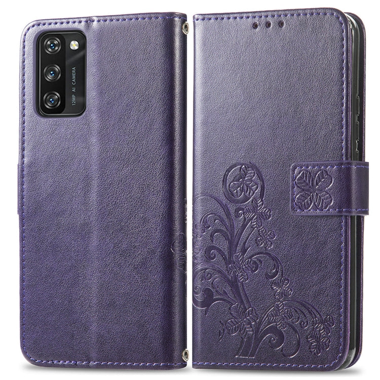 For Blackview A100 Four-leaf Clasp Embossed Buckle Mobile Phone Protection Leather Case with Lanyard & Card Slot & Wallet & Bracket Function(Purple) - More Brand by PMC TechLife | Online Shopping South Africa | PMC TechLife | Buy Now Pay Later Mobicred