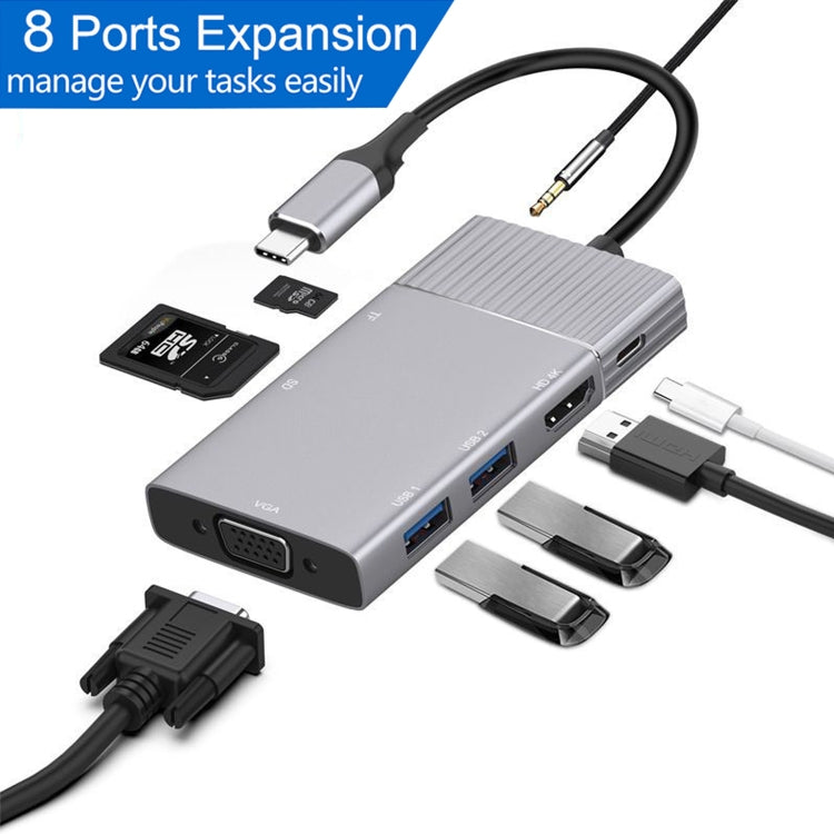 8 in 1 Type-C to HDMI + Type-C + USB x 2 + VGA + SD + TF + 3.5mm HUB Adapter - USB HUB by PMC Jewellery | Online Shopping South Africa | PMC Jewellery | Buy Now Pay Later Mobicred