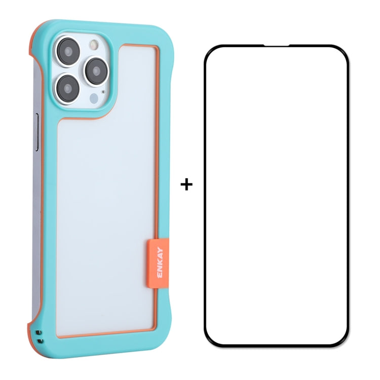 For iPhone 13 Pro ENKAY Frameless Hollow PC Case + Glass Film (Blue) - iPhone 13 Pro Cases by ENKAY | Online Shopping South Africa | PMC Jewellery | Buy Now Pay Later Mobicred