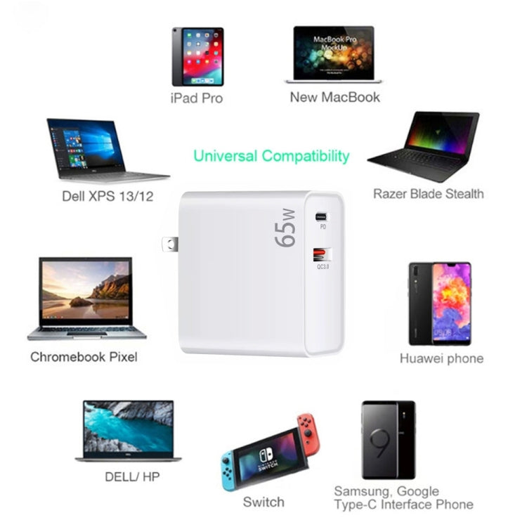 PD-65W USB-C / Type-C + QC3. 0 USB Laptop Charging Adapter + 2m USB-C / Type-C to USB-C / Type-C Data Cable Set, EU Plug / US Plug(White) - Cable & Adapter by PMC Jewellery | Online Shopping South Africa | PMC Jewellery | Buy Now Pay Later Mobicred