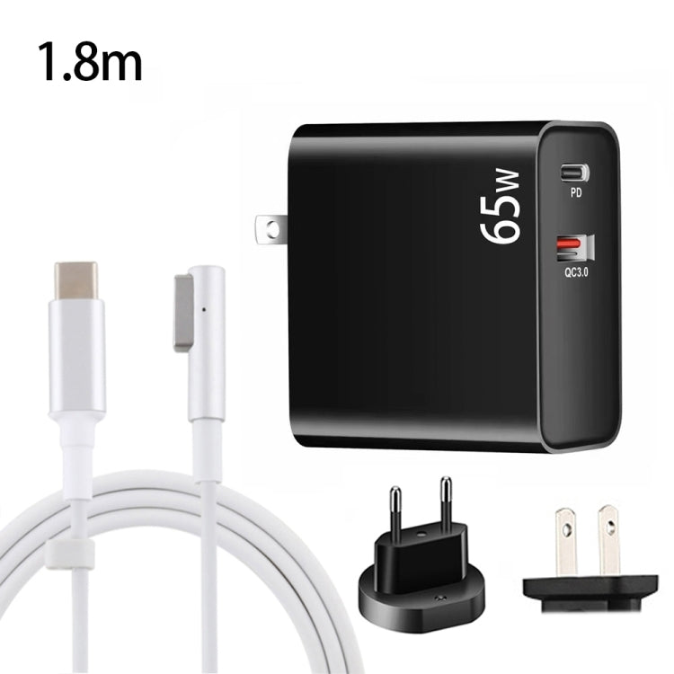 PD-65W USB-C / Type-C + QC3. 0 USB Laptop Charging Adapter + 1.8m USB-C / Type-C to MagSafe 1 / L Head Data Cable, EU Plug / US Plug(Black) - Cable & Adapter by PMC Jewellery | Online Shopping South Africa | PMC Jewellery | Buy Now Pay Later Mobicred