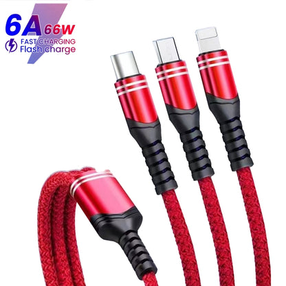 XJ-78 66W 6A 3 in 1 USB to 8 Pin + Type-C + Micro USB Super Flash Charging Cable, Length: 1.2m(Red) - Multifunction Cable by PMC Jewellery | Online Shopping South Africa | PMC Jewellery | Buy Now Pay Later Mobicred