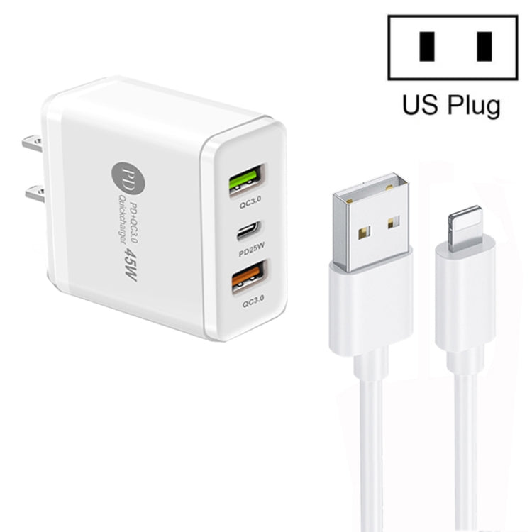 45W PD25W + 2 x QC3.0 USB Multi Port Charger with USB to 8 Pin Cable, US Plug(White) - USB Charger by PMC Jewellery | Online Shopping South Africa | PMC Jewellery | Buy Now Pay Later Mobicred