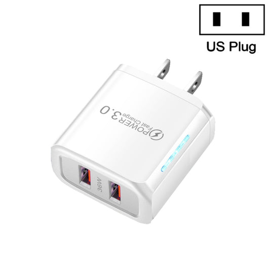 36W Dual Port QC3.0 USB Mobile Phone Charger Dual 18W Output, US Plug(White) - USB Charger by PMC Jewellery | Online Shopping South Africa | PMC Jewellery | Buy Now Pay Later Mobicred