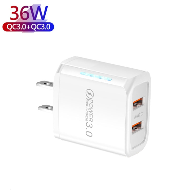 36W Dual Port QC3.0 USB Mobile Phone Charger Dual 18W Output, US Plug(White) - USB Charger by PMC Jewellery | Online Shopping South Africa | PMC Jewellery | Buy Now Pay Later Mobicred