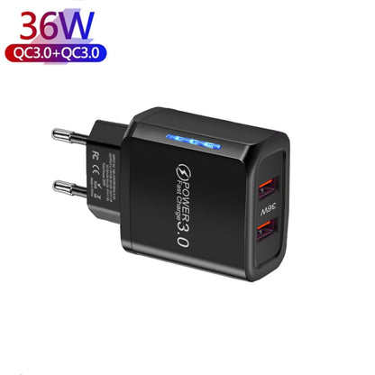 36W Dual Port QC3.0 USB Mobile Phone Charger Dual 18W Output, EU Plug(Black) - USB Charger by PMC Jewellery | Online Shopping South Africa | PMC Jewellery | Buy Now Pay Later Mobicred