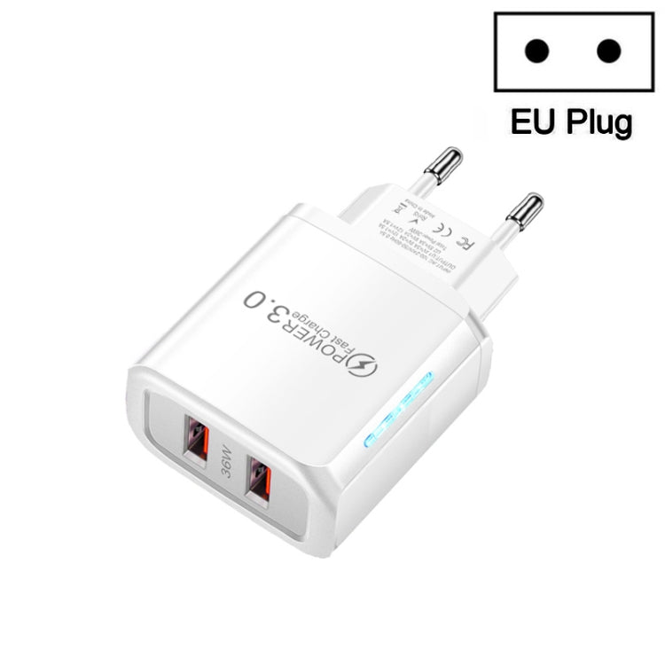 36W Dual Port QC3.0 USB Mobile Phone Charger Dual 18W Output, EU Plug(White) - USB Charger by PMC Jewellery | Online Shopping South Africa | PMC Jewellery | Buy Now Pay Later Mobicred