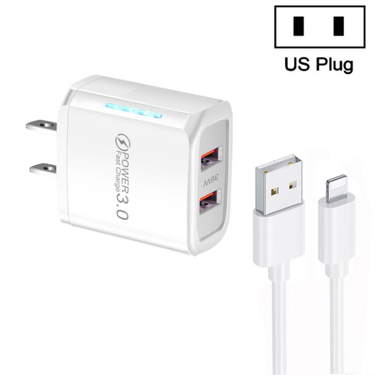 36W Dual Port QC3.0 USB Charger with 3A USB to 8 Pin Data Cable, US Plug(White) - USB Charger by PMC Jewellery | Online Shopping South Africa | PMC Jewellery | Buy Now Pay Later Mobicred