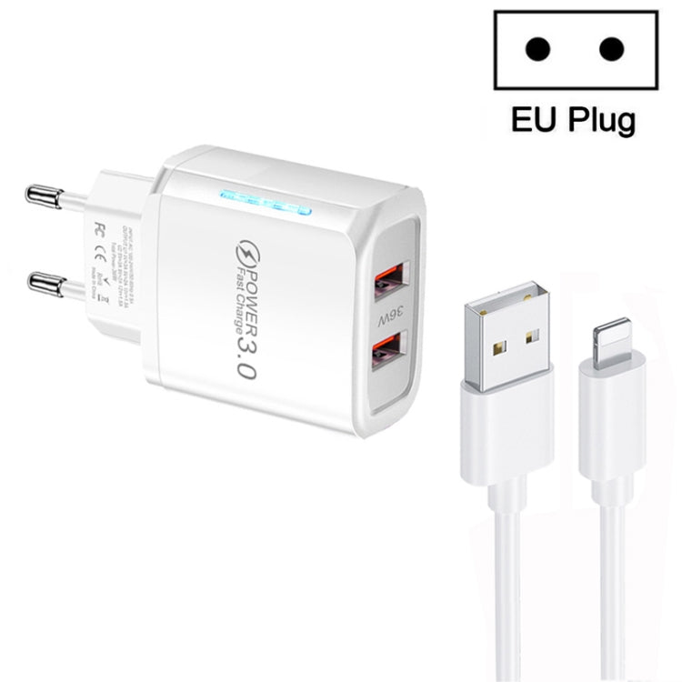 36W Dual Port QC3.0 USB Charger with 3A USB to 8 Pin Data Cable, EU Plug(White) - USB Charger by PMC Jewellery | Online Shopping South Africa | PMC Jewellery | Buy Now Pay Later Mobicred